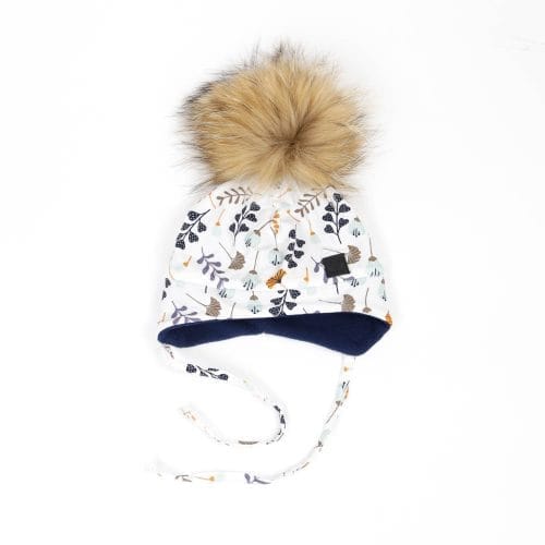 Tuque avec oreilles et pompon fleur bleu
