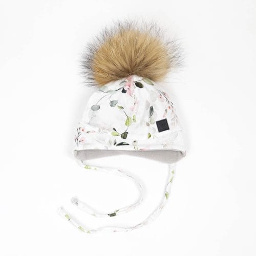 Tuque avec oreilles et pompon fleur feuillage