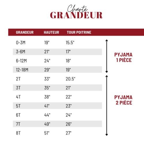 Charte grandeur pyjama de noël